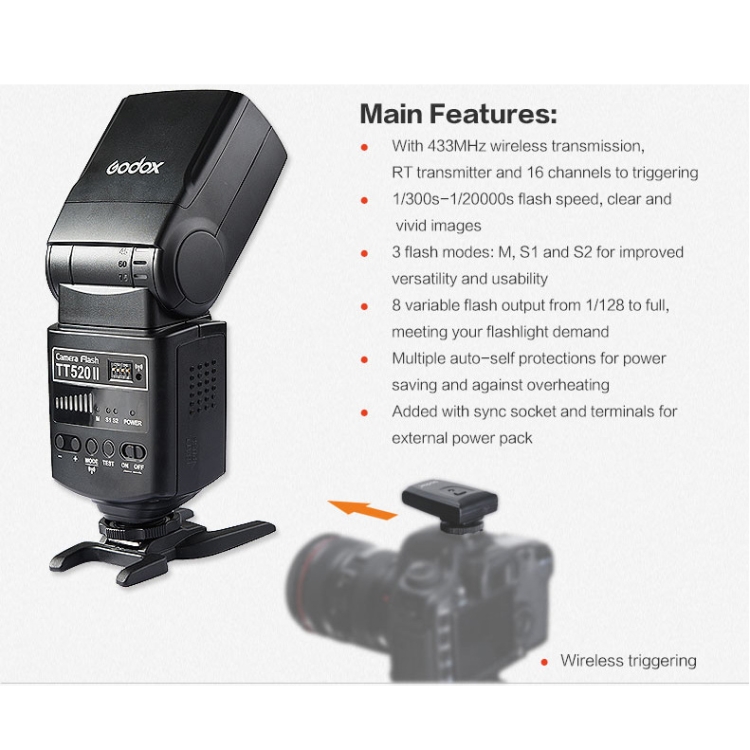 Godox TT520II 433MHZ Wireless 1/300s-1/2000s HSS Flash Speedlite Camera Top Fill Light for Canon / Nikon DSLR Cameras(Black) - 7
