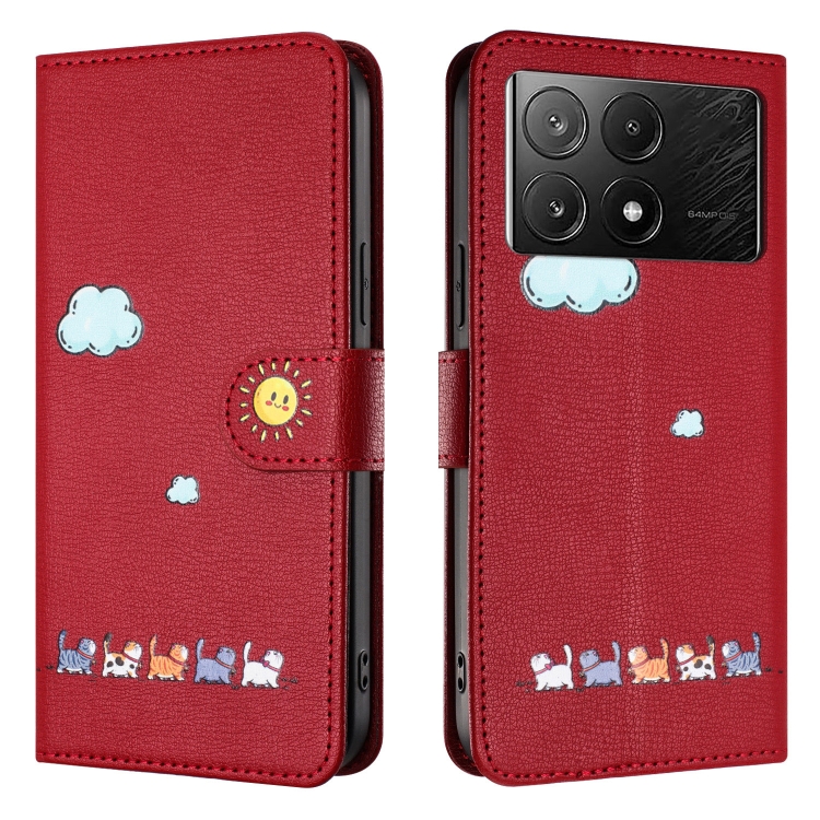 Fr Xiaomi Poco X6 Pro Cartoon Katzen Leder Handyhlle (Rot)