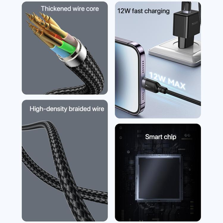 Yesido CA134L 12W 2.4A USB to 8 Pin Charging Data Cable, Length:3m(Black) - 2