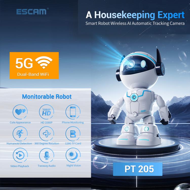 ESCAM PT205 5G WiFi スマートロボット ワイヤレス AI 自動追跡カメラ