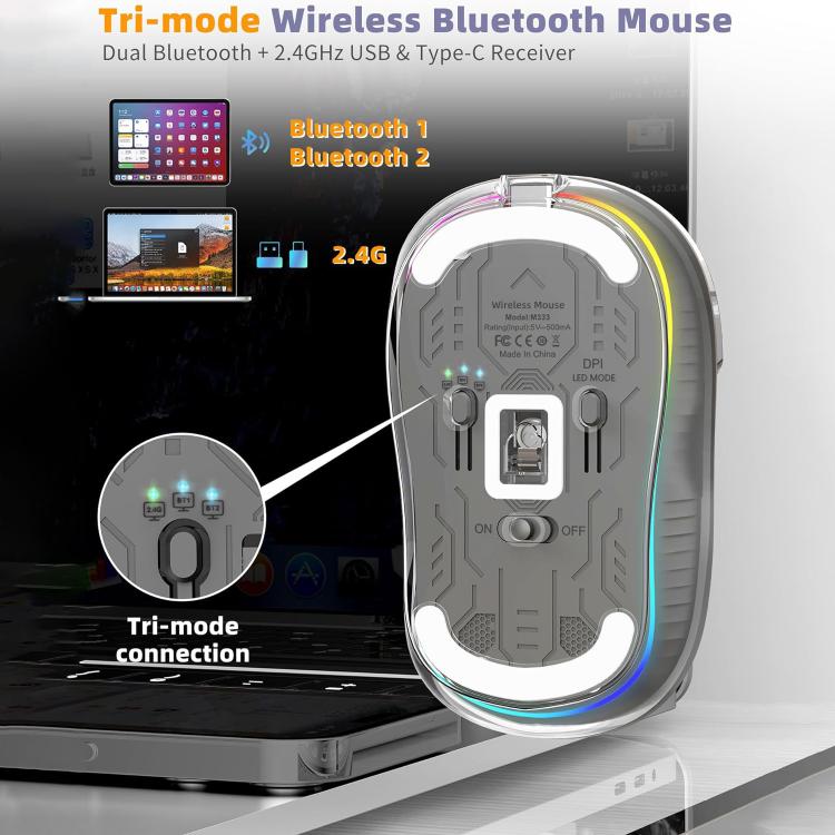 Mouse sem fio transparente HXSJ M333 com três modos (branco) - B7