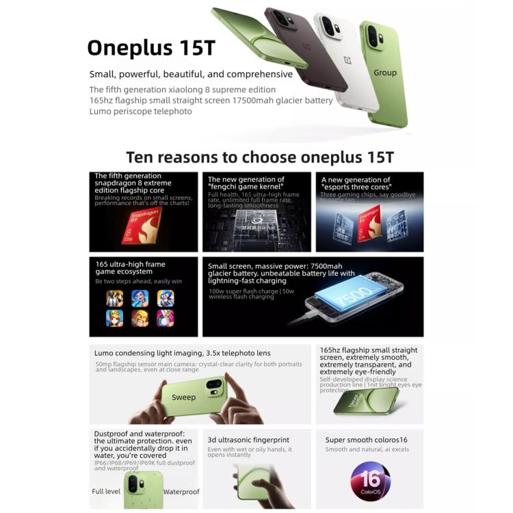 OnePlus 15T, 16 ГБ + 512 ГБ, распознавание отпечатков пальцев на экране, 6,32 дюйма, ColorOS 16.0, Snapdragon 8 Elite Gen 5 Octa Core, NFC, сеть: 5G (зеленый) - B1