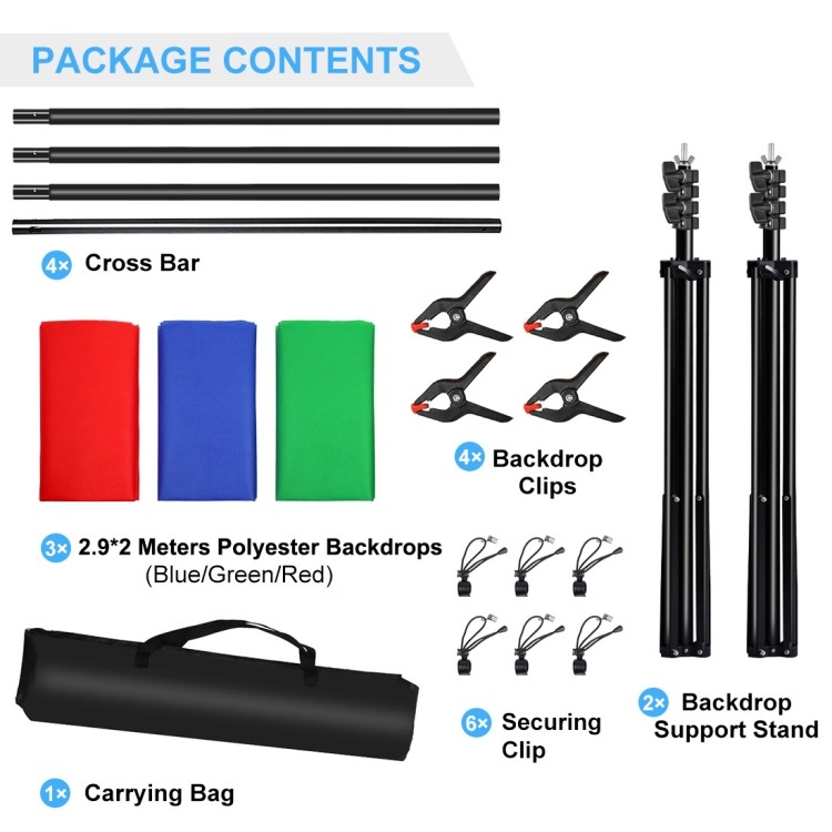 PULUZ 2.9x2m Photo Studio Background Support Stand Backdrop Crossbar Bracket Kit with Red / Blue / Green Polyester Backdrops - 9