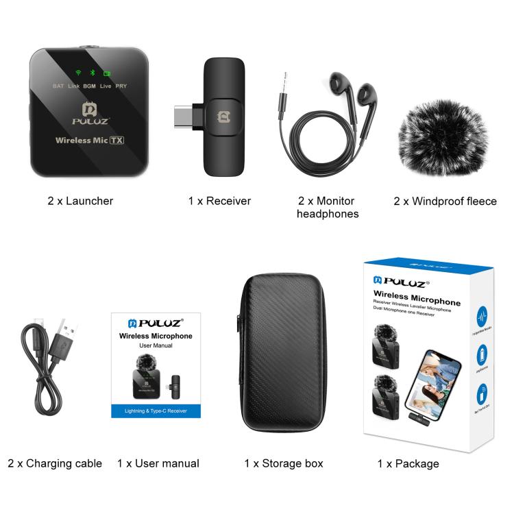 Microfone de lapela sem fio PULUZ para telefone tipo C, receptor tipo C e microfones duplos (preto) - 10