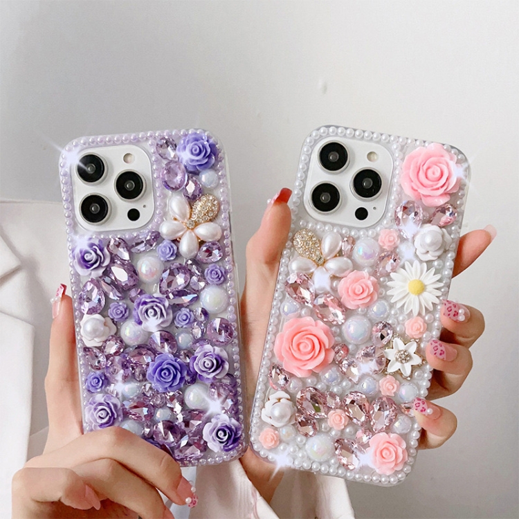For iPhone 13 mini Rose Hand-set Diamond PC Phone Case(Purple)