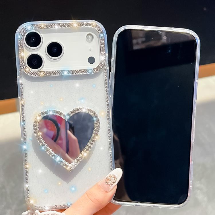 iPhone 17 Pro用 ダイヤモンドグリッターミラーハートホルダー携帯