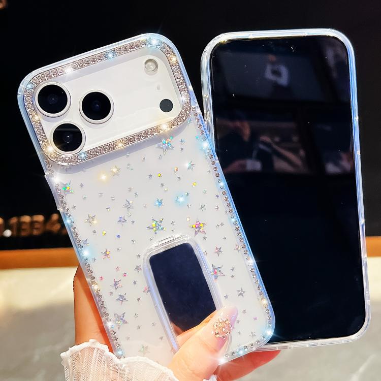 For iPhone 16 Pro Max Rhinestone Glitter TPU 4-corners Anti-fall Phone Case with Holder(Light Pink) For iPhone 16 Pro Max Rhinestone Glitter TPU 4-corners Anti-fall Phone Case with Holder(Light Pink)