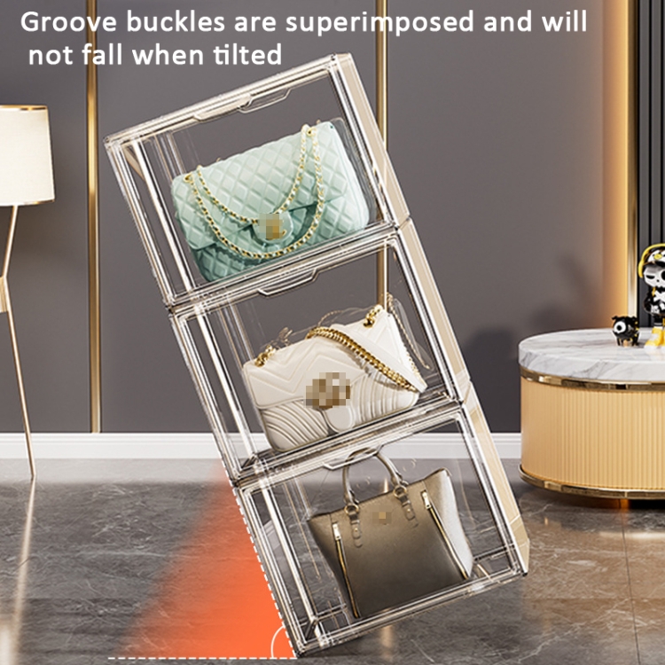Espositore per borsa con scatola portaoggetti trasparente impilabile, con aspirazione magnetica, stile: senza partizioni Espositore per borsa con scatola portaoggetti trasparente impilabile, con aspirazione magnetica, stile: senza partizioni