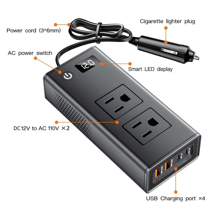 cigarette power inverter DC12V 200W Fast Charging QC3.0 PD Car Cigarette Lighter Portable Inverter(110V  US Plug)