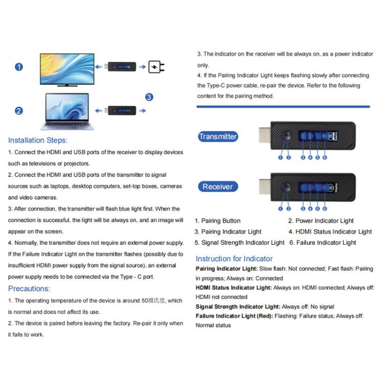 Transmissor HDMI sem fio 2 em 1, dispositivo de espelhamento de 60 m para laptops e PCs, 1080p, 60 Hz, extensor sem fio (branco) - B7