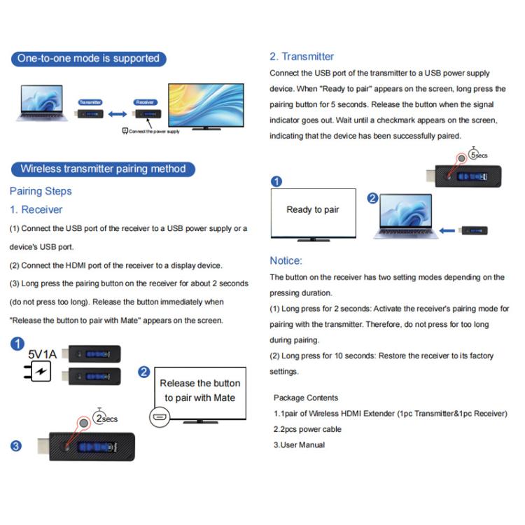 Transmissor HDMI sem fio 2 em 1, dispositivo de espelhamento de 60 m para laptops e PCs, 1080p, 60 Hz, extensor sem fio (branco) - B8