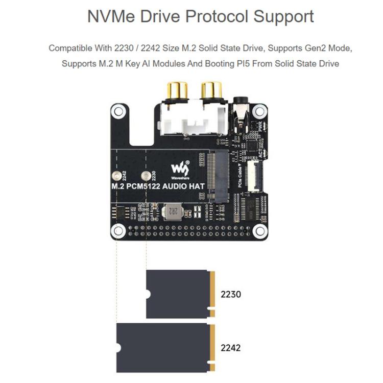 Wave. Share Rpi Audio Waveshare 34170 For Raspberry Pi 5 PCIe To M.2 HAT With I2S Audio ...