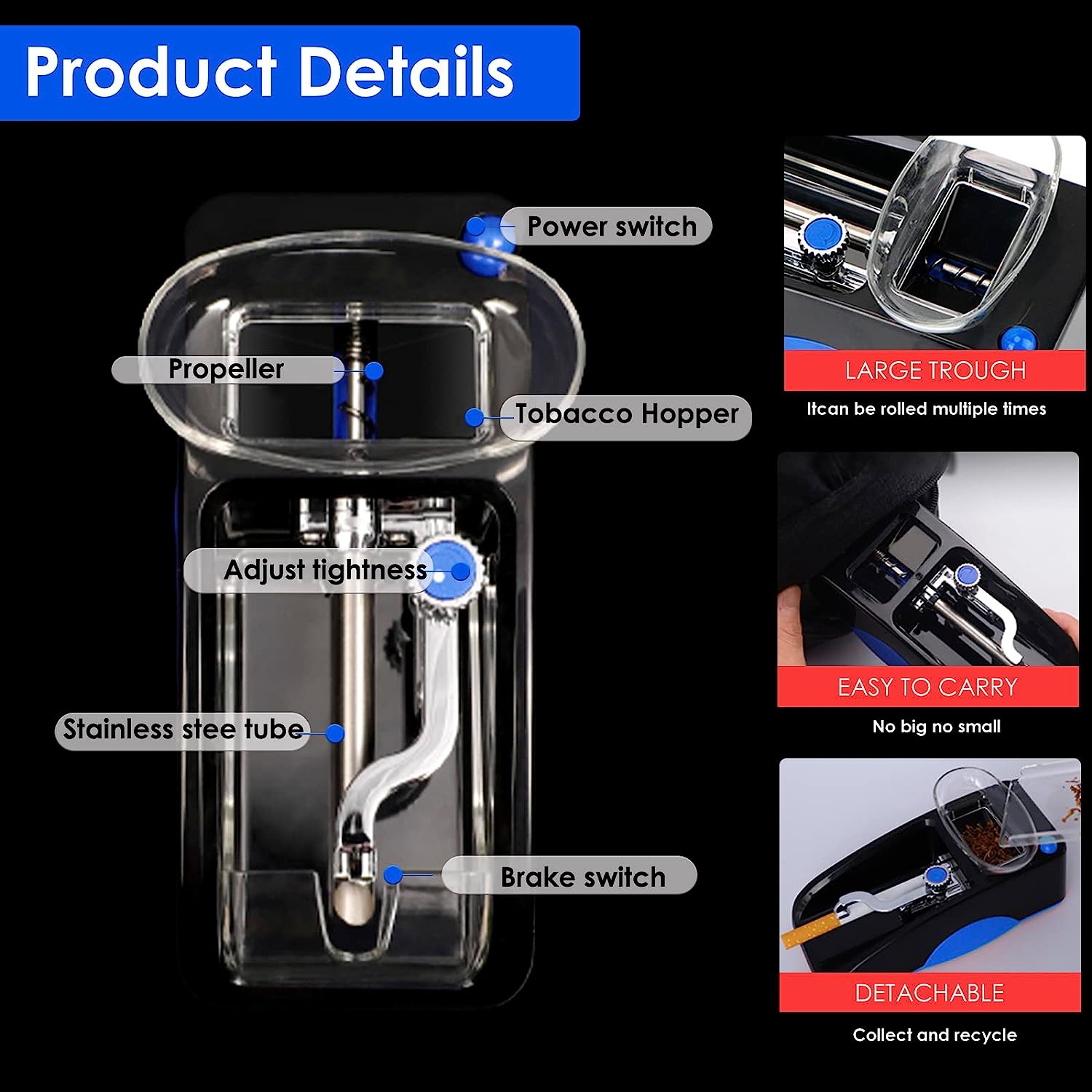 Automatic Electric Cigarette Rolling Machine Cigarette Injector Maker,  Diameter: 6.5mm, Power Plug:EU Plug(Red)
