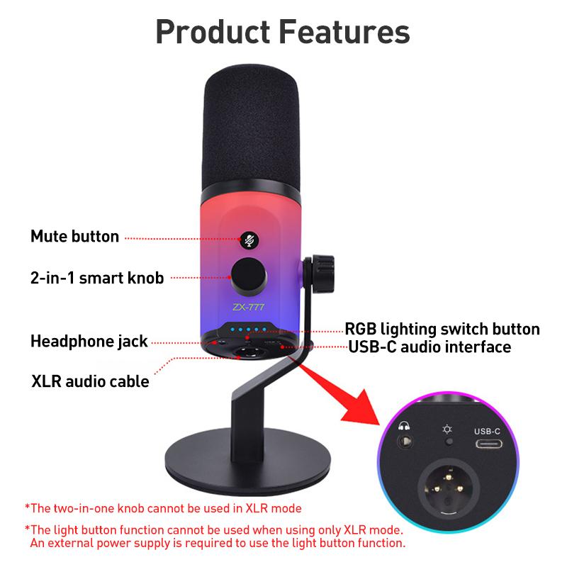 XTUGA ZX-777 XLR / USB-C Dynamic Microphone RGB Light