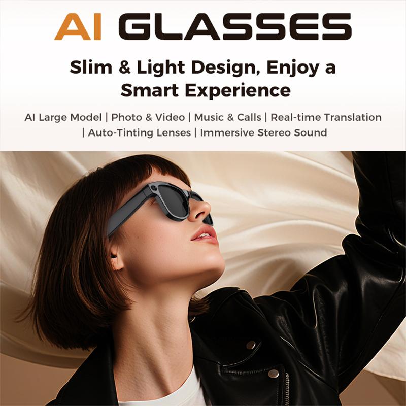 M02 Ultra 8MP Camera AI Smart Glasses Photochromic Lenses with Brown Charging Case(Beige) - B1