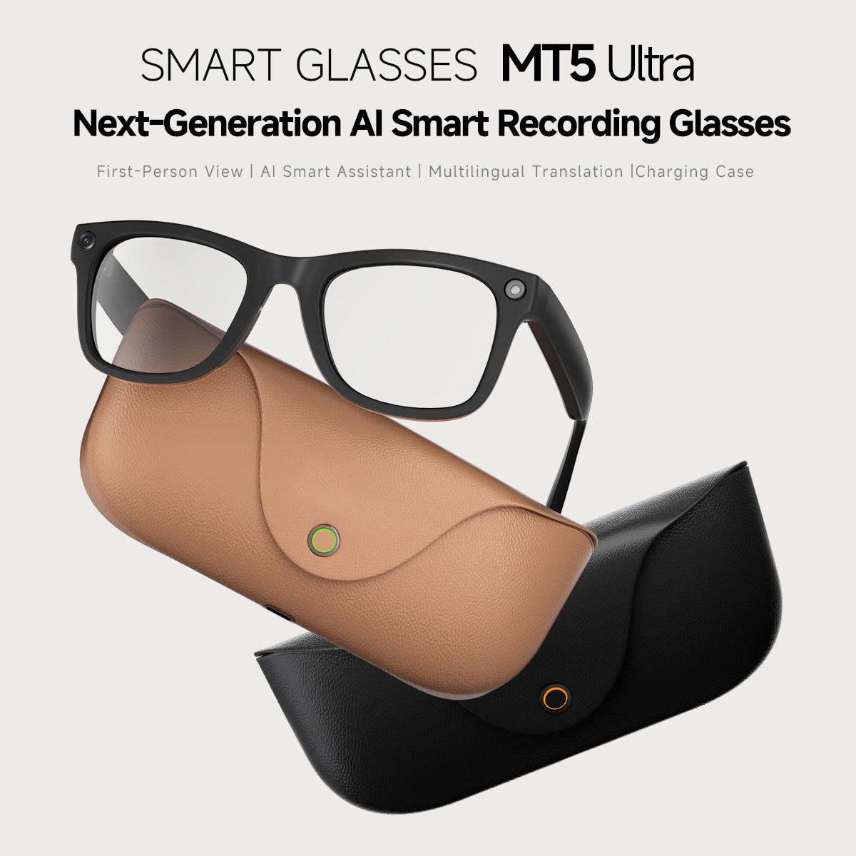 MT5 Ultra Smart AI Glasses with 8MP HD Camera, Video Recording WiFi Transmission Al Smart Voice Assistant, Type:Sunglasses(Black Charge Case) - B1
