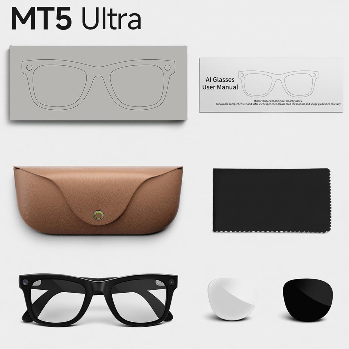 MT5 Ultra Smart AI Glasses with 8MP HD Camera, Video Recording WiFi Transmission Al Smart Voice Assistant, Type:Sunglasses(Black Charge Case) - B23