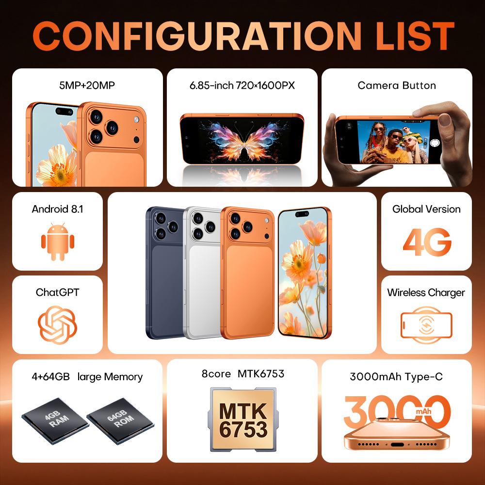 i17 Pro Max / A19, 4GB+64GB, 6.85 inch Android 8.1 MTK6762 Octa Core ...