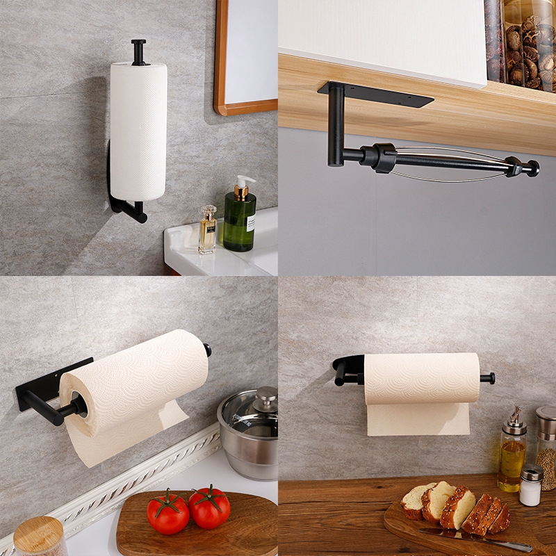 No-Punch Kitchen Cling Wrap & Bathroom Paper Towel Holder – Black, Adhesive Mount, Tool-Free Installation For Smooth Surfaces
