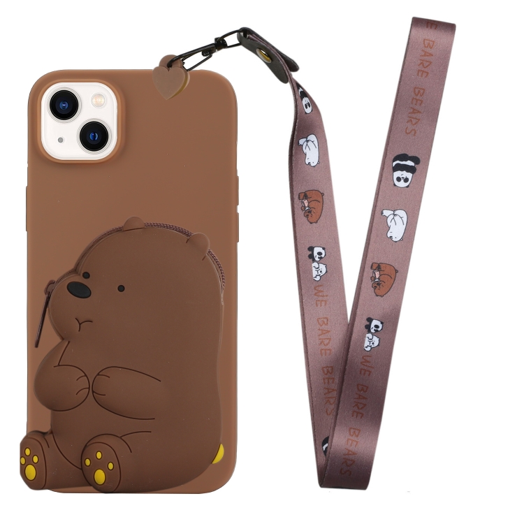 Fr iPhone 14 Plus Silikon-Geldbrsen-Handyhlle mit Lanyard (Brauner Br)