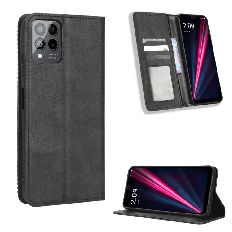 For T-Mobile REVVL 6 Pro 5G Magnetic Buckle Retro Texture Leather Phone Case (Black)
