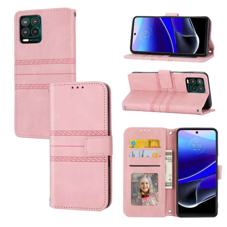 For Motorola Moto G Stylus 5G 2023 Embossed Stripes Skin Feel Leather Phone  Case(Pink)