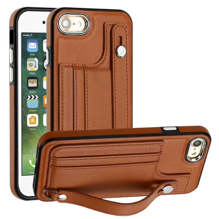 Fr iPhone SE 2022/SE 2020/6/7/8 stofeste Leder-Handyhlle mit  Handschlaufe (braun)
