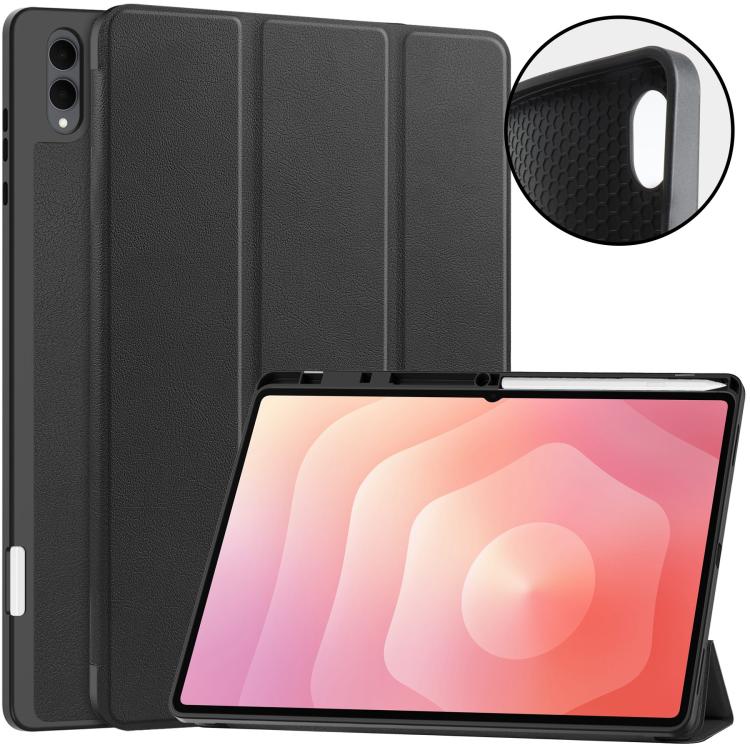 For Galaxy Tab S12 Ultra / S11 Ultra Custer TPU Pure Color 3-Fold Holder Smart Leather Tablet Case with Pen Tray(Black)