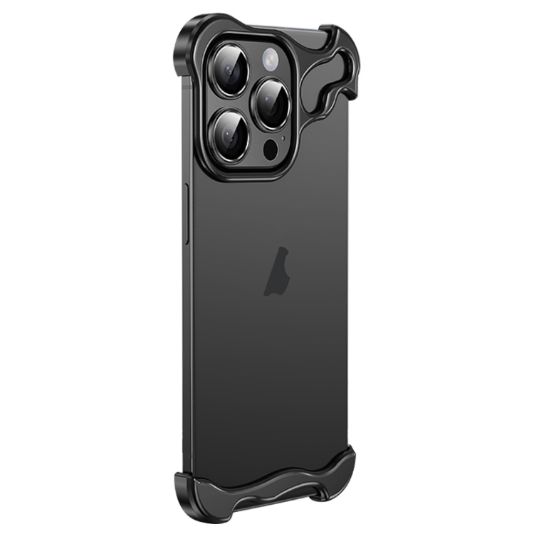 For iPhone 14 Pro Max Frameless Metal Corner Pad Phone Case with Lens  Film(Black)