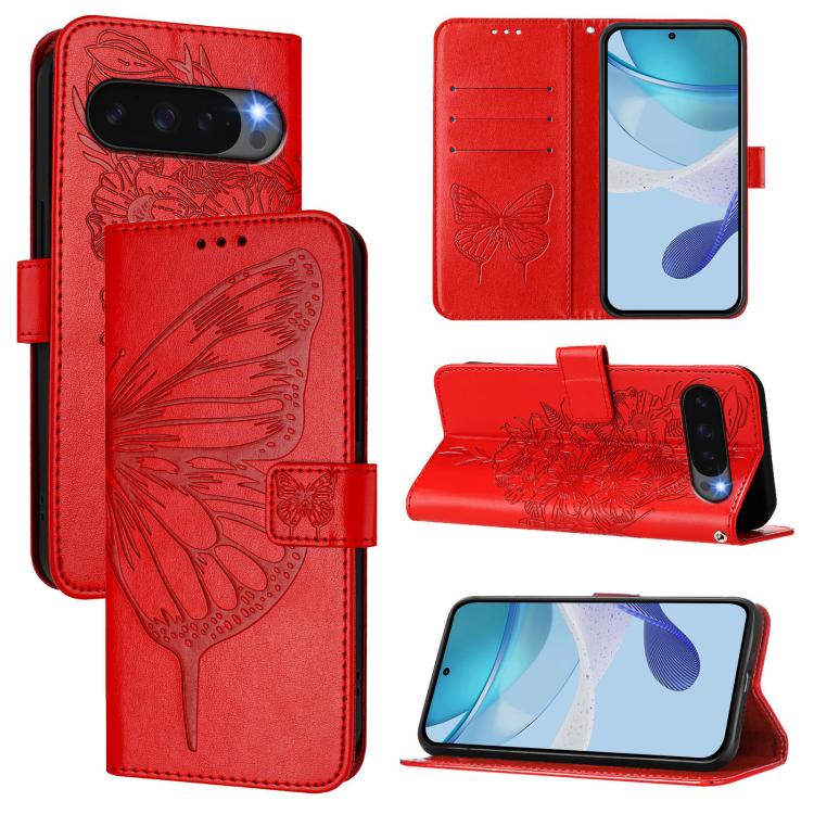 For Google Pixel 10 Pro XL Embossed Butterfly Leather Phone Case(Red)