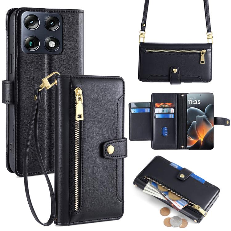 For Motorola Moto X70 Air Pro Sheep Texture Cross-body Zipper Wallet Leather Phone Case(Black)