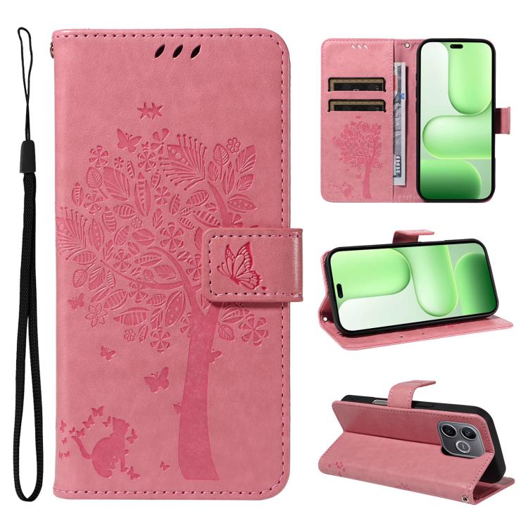 For Honor 600 Lite Global Tree & Cat Embossed Pattern Flip Leather Phone Case(Pink)