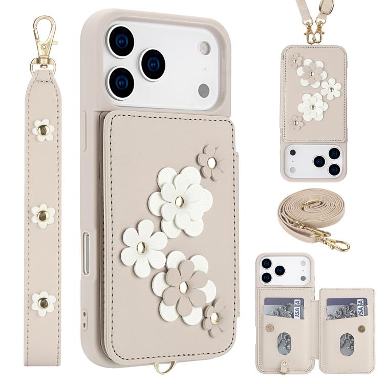 For iPhone 17 Pro Max Crossbody Flower Pattern Leather Phone Case