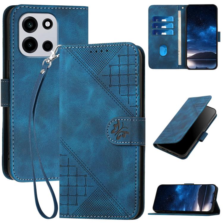 For OnePlus Turbo 6 / 6V Grid Butterfly Embossed Pattern Flip Leather Phone Case with Lanyard(Dark Blue)