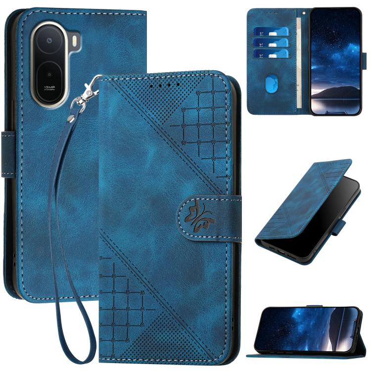 For Redmi A7 Pro 4G Grid Butterfly Embossed Pattern Leather Phone Case with Lanyard(Dark Blue)