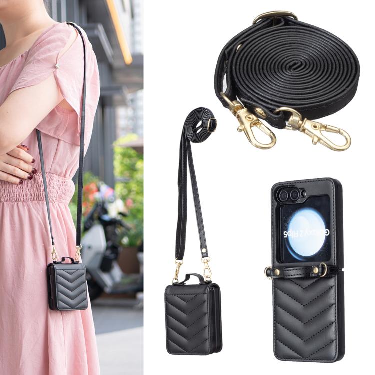 For Galaxy Z Flip8 5G Wave-shaped Crossbody Lanyard Leather Phone Case(Black)