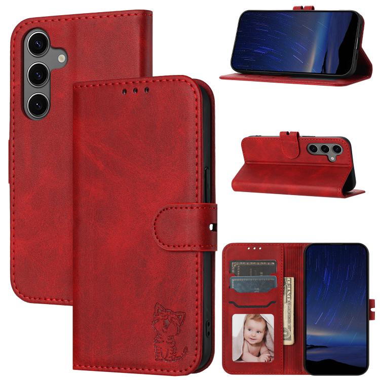 For Galaxy S26 FE 5G Embossed Happy Cat Pattern Flip Leather Phone Case(Red)