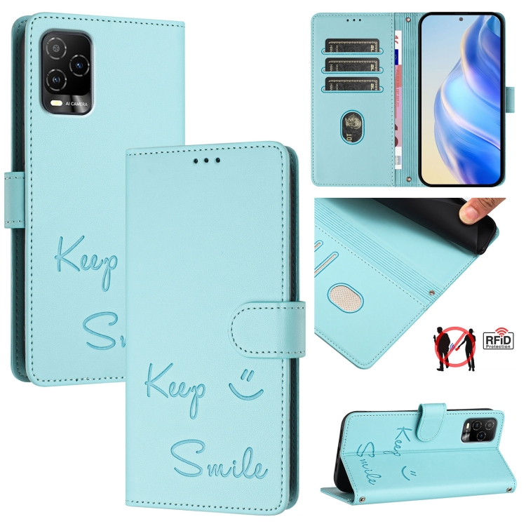 For BLU View 5 Pro Smile Embossing RFID Leather Phone Case(Mint Green) For BLU View 5 Pro Smile Embossing RFID Leather Phone Case(Mint Green)