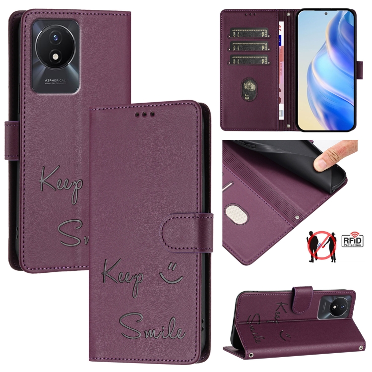 For vivo Y02A 4G / Y02 4G Smile Embo ssing RFID Leather Phone Case