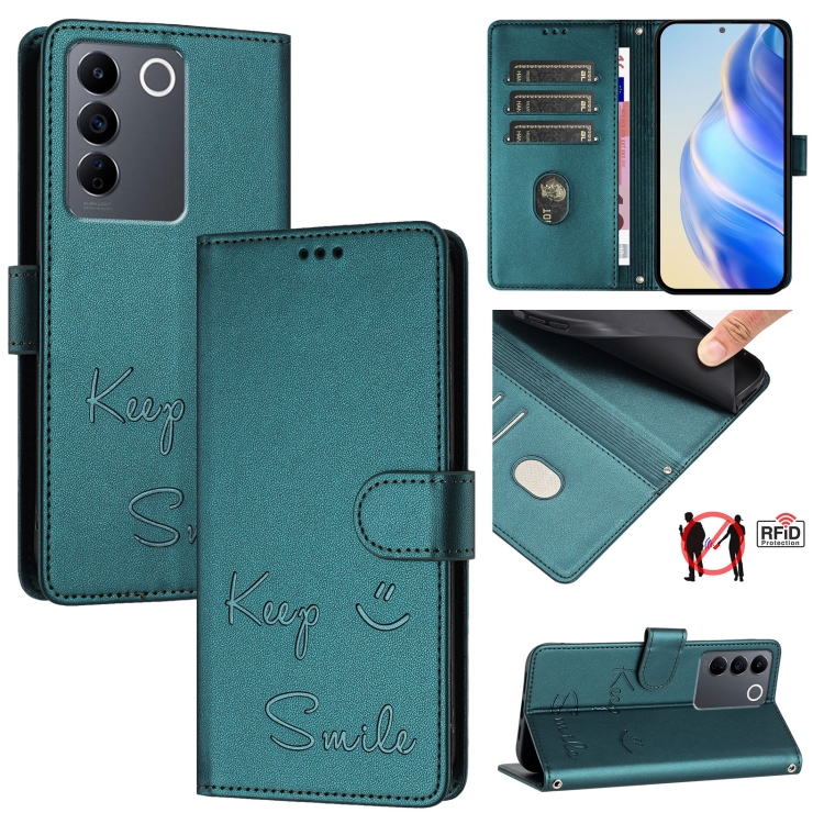 For vivo V27 Pro 5G Global Smile Embossing RFID Leather Phone Case(Peacock Green)