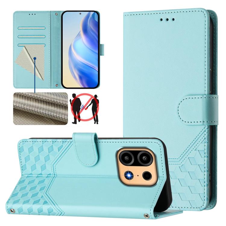 For OnePlus Turbo 6X Pro 5G Honeycomb Embossing RFID Leather Phone Case(Mint Green)