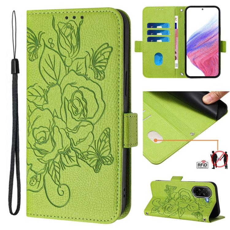 For Redmi A7 / A5 4G 171mm / Poco C71 Embossed Rose RFID Anti-theft Leather Phone Case(Green)