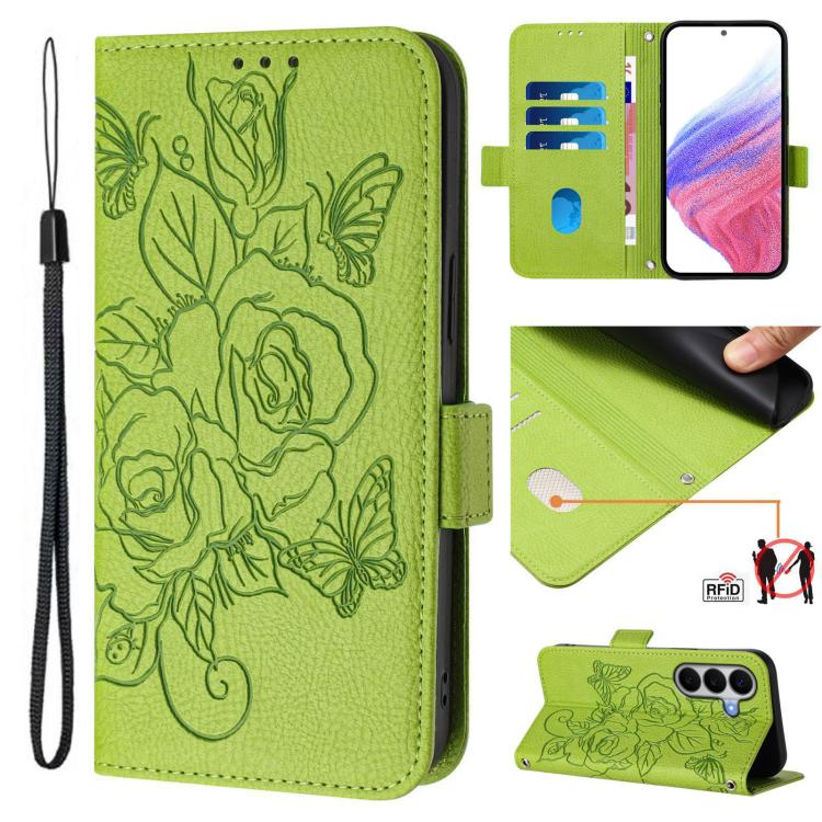 For Galaxy A27 5G Embossed Rose RFID Anti-theft Leather Phone Case(Green)