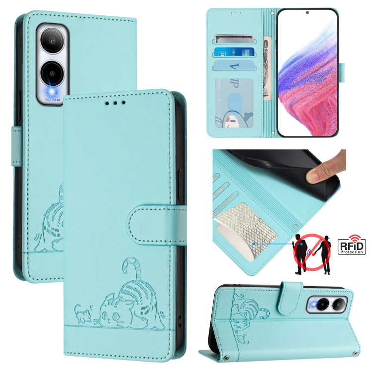For Cricket Icon 6 Cat Rat Embossed Pattern RFID Leather Phone Case with  Lanyard(Mint Green)
