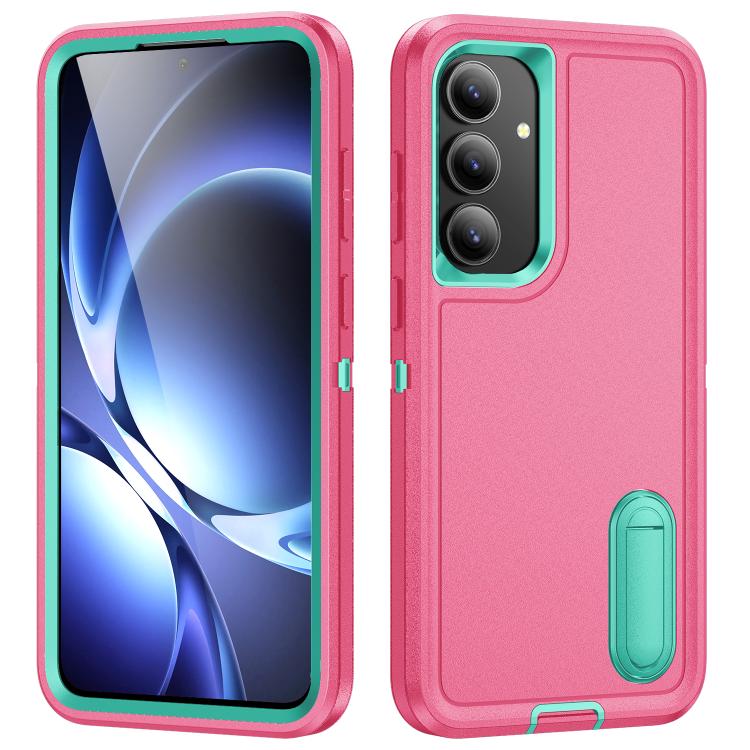For Galaxy S26 FE 5G Rugged PC Hybrid Silicone Phone Case with Holder(Rose Red+Light Green)
