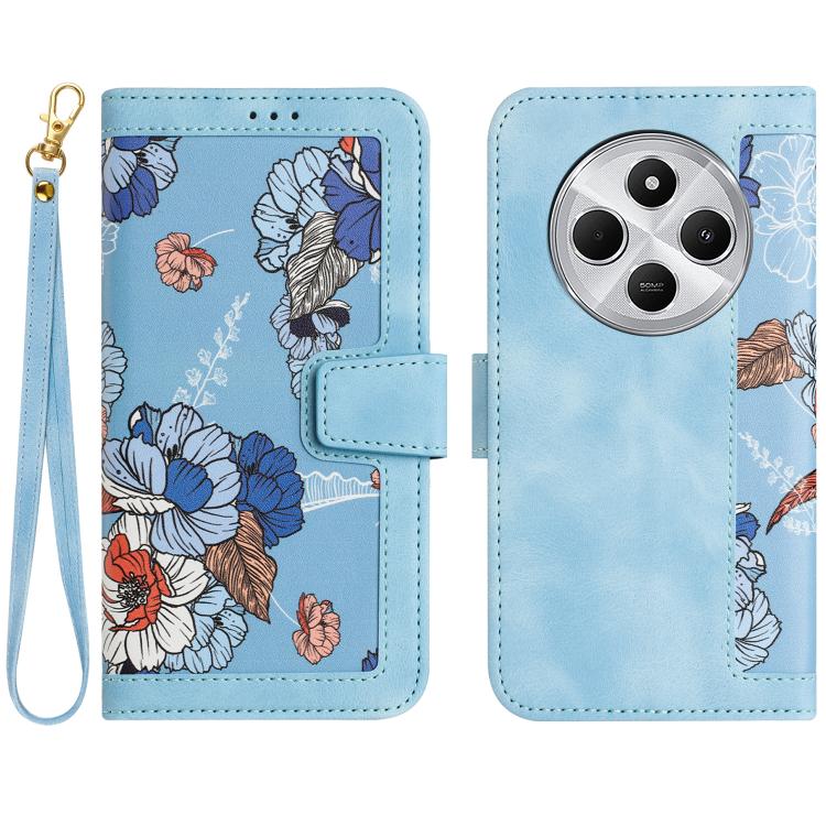 For Redmi 17C 4G Floral Pattern Leather Phone Case with Lanyard(Light Blue)