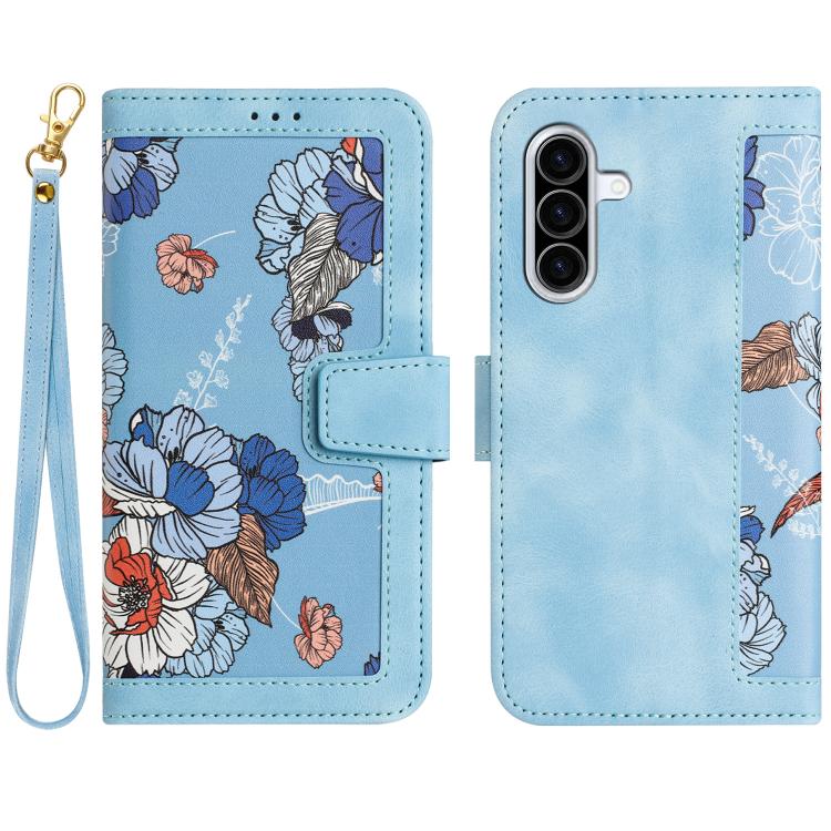 For Samsung Galaxy A27 5G Floral Pattern Leather Phone Case with Lanyard(Light Blue)