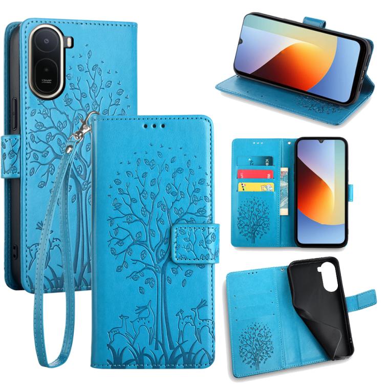 For Redmi A7 Pro 171mm / Poco C85x 5G Tree & Deer Embossed Leather Phone Case(Blue)