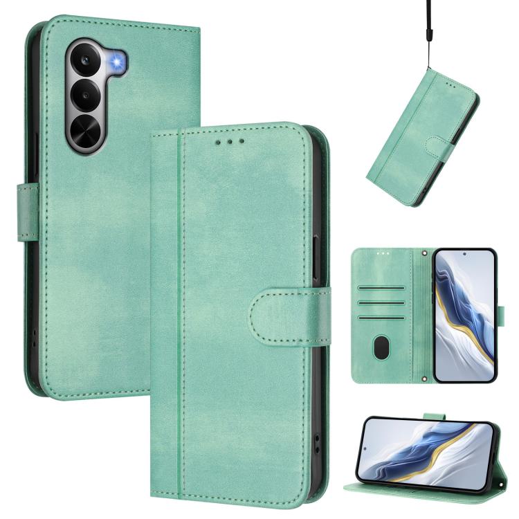 For Realme P4x 5G / OnePlus Nord CE6 Lite Line Splicing Buckle Retro Leather Phone Case(Mint)
