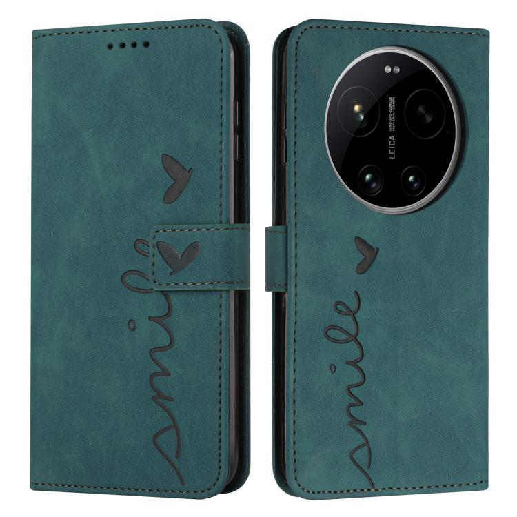 For Xiaomi 17 Ultra Skin Feel Heart Embossed Leather Phone Case with Long Lanyard(Green)